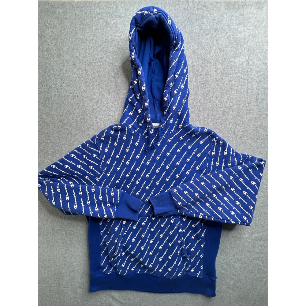 Champion Reverse Weave Hoodie Royal Blue All Over Script Logo Print Mens Large